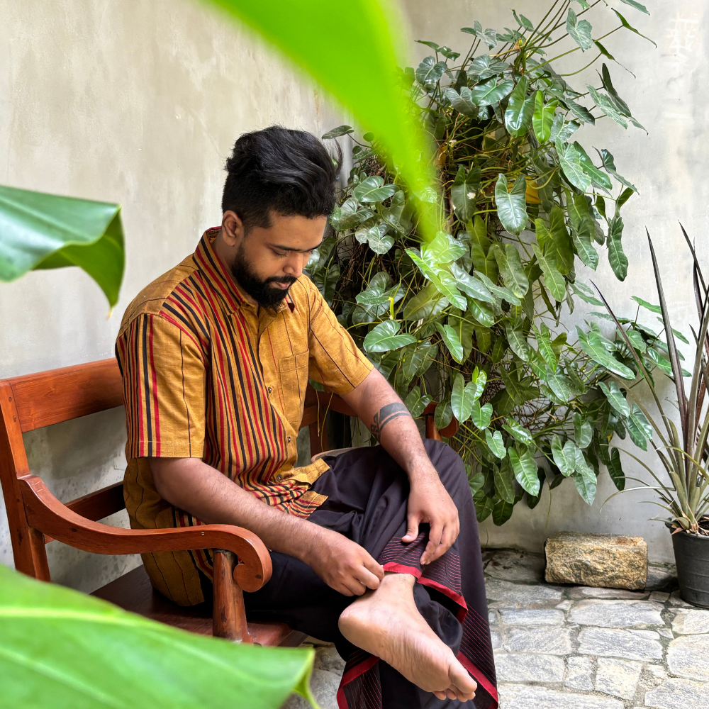 Mustard , Black And Red  Striped Handloom Shirt | XL Size