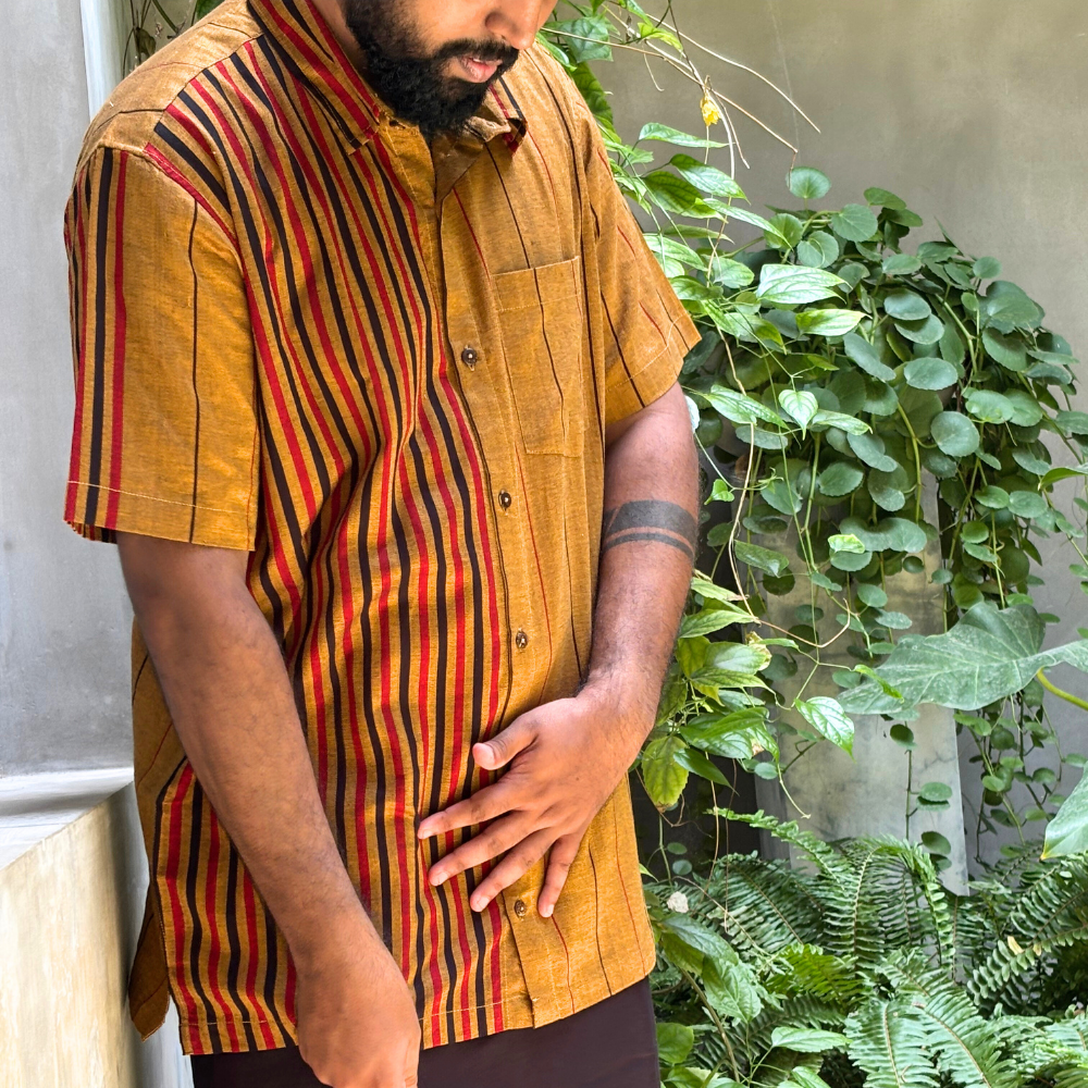 Mustard , Black And Red  Striped Handloom Shirt | XL Size