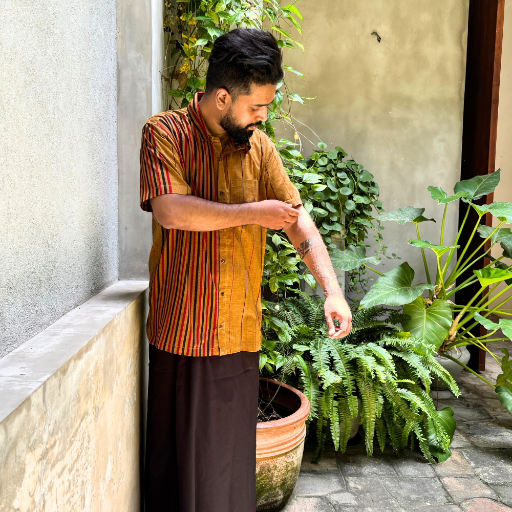 Mustard , Black And Red  Striped Handloom Shirt | XL Size