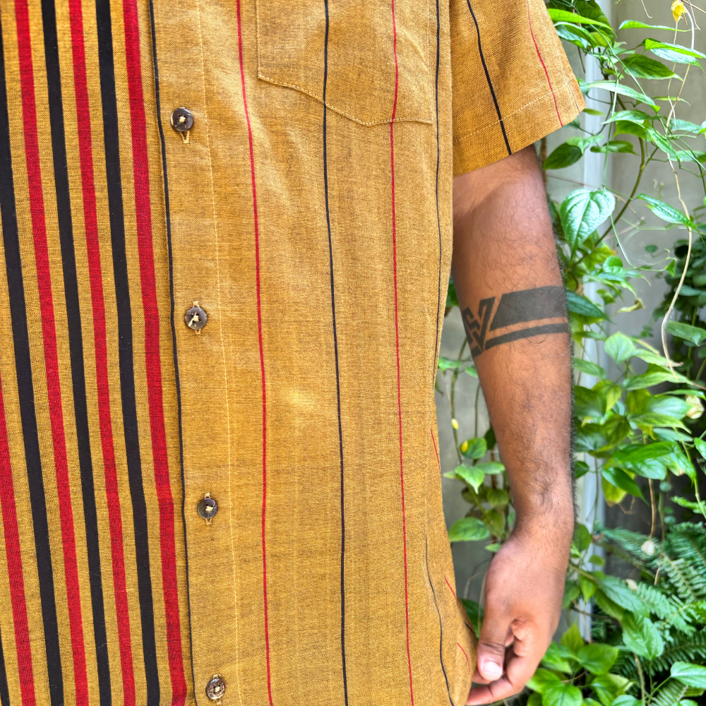 Mustard , Black And Red  Striped Handloom Shirt | XL Size