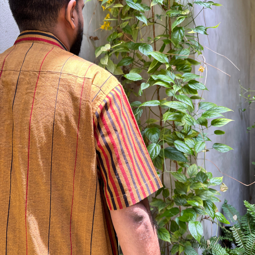Mustard , Black And Red  Striped Handloom Shirt | XL Size