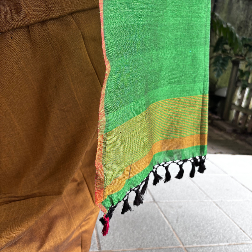 Mustard & Emerald Green Striped Handloom Cotton Saree with Tassels