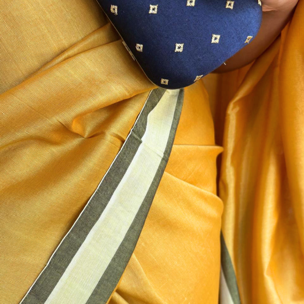 Mustard Gold Handloom Cotton Saree with Olive Green Border and Tassels