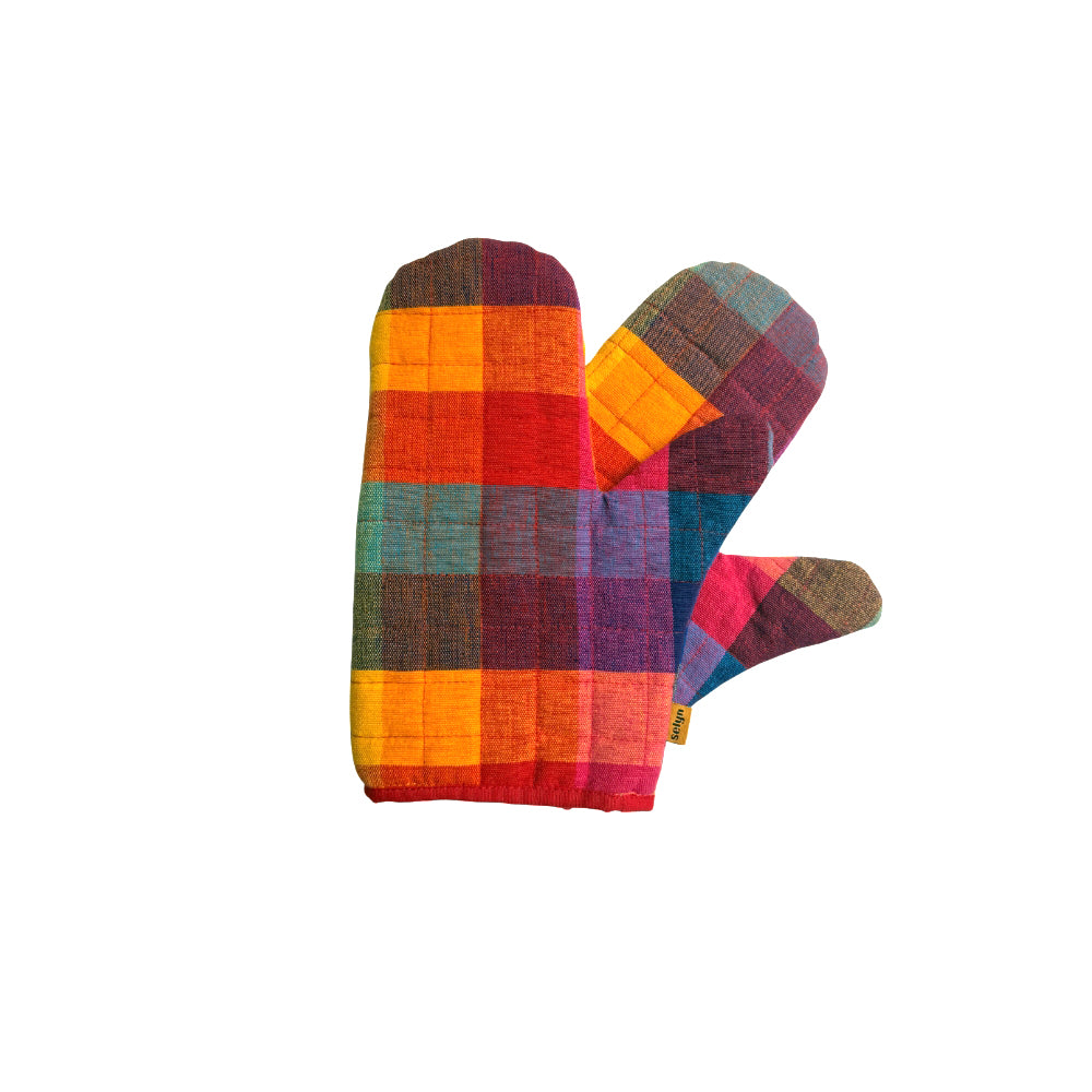Blue And Red Patchwork Handloom Oven Glove