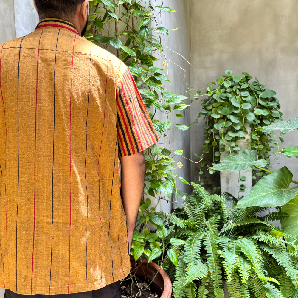 Mustard , Black And Red  Striped Handloom Shirt | XL Size