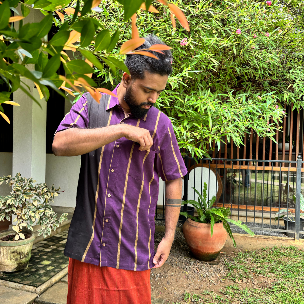 Purple , Black and Mustard Striped Handloom Shirt | XL Size