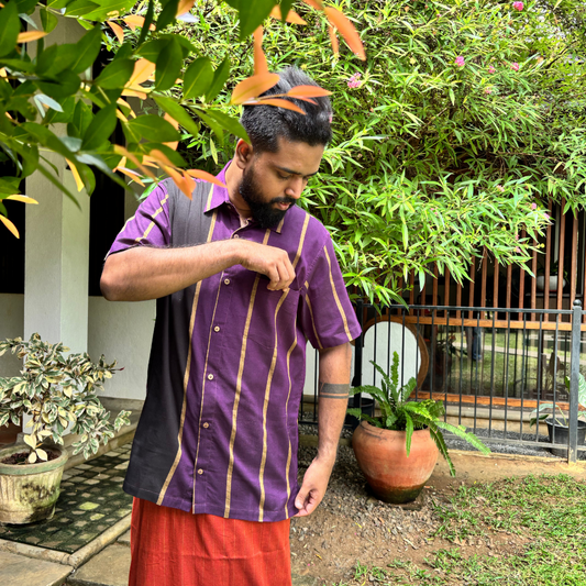 Purple , Black and Mustard Striped Handloom Shirt | XL Size