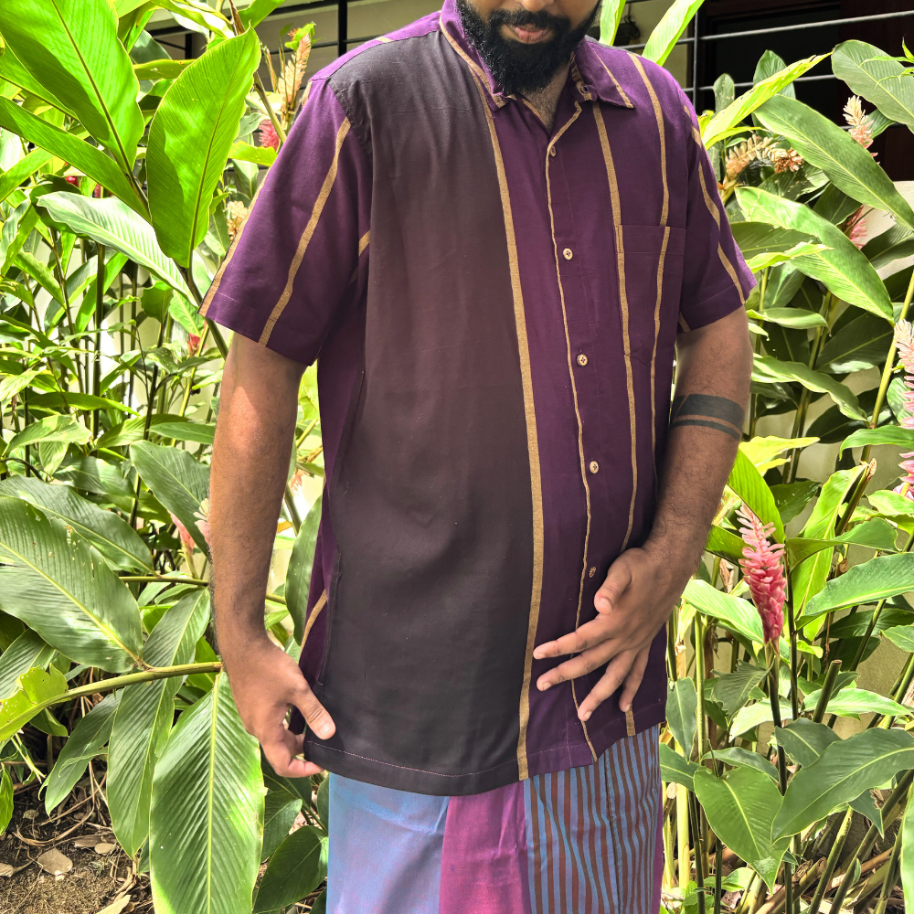 Purple , Black and Mustard Striped Handloom Shirt | XL Size