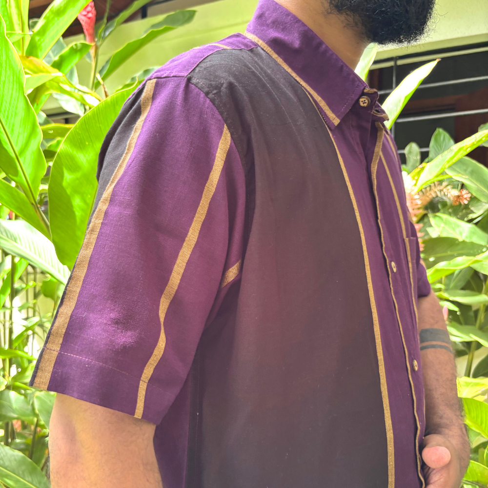 Purple , Black and Mustard Striped Handloom Shirt | XL Size