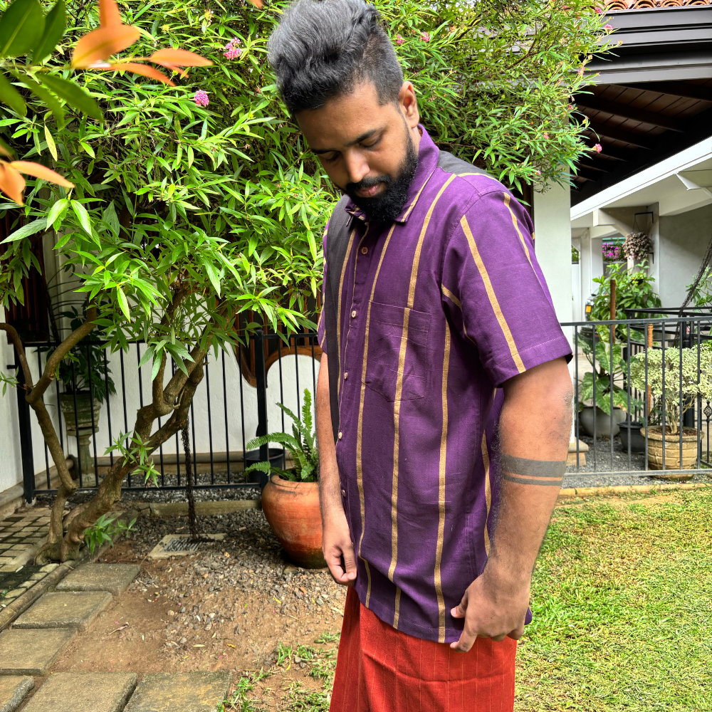 Purple , Black and Mustard Striped Handloom Shirt | XL Size