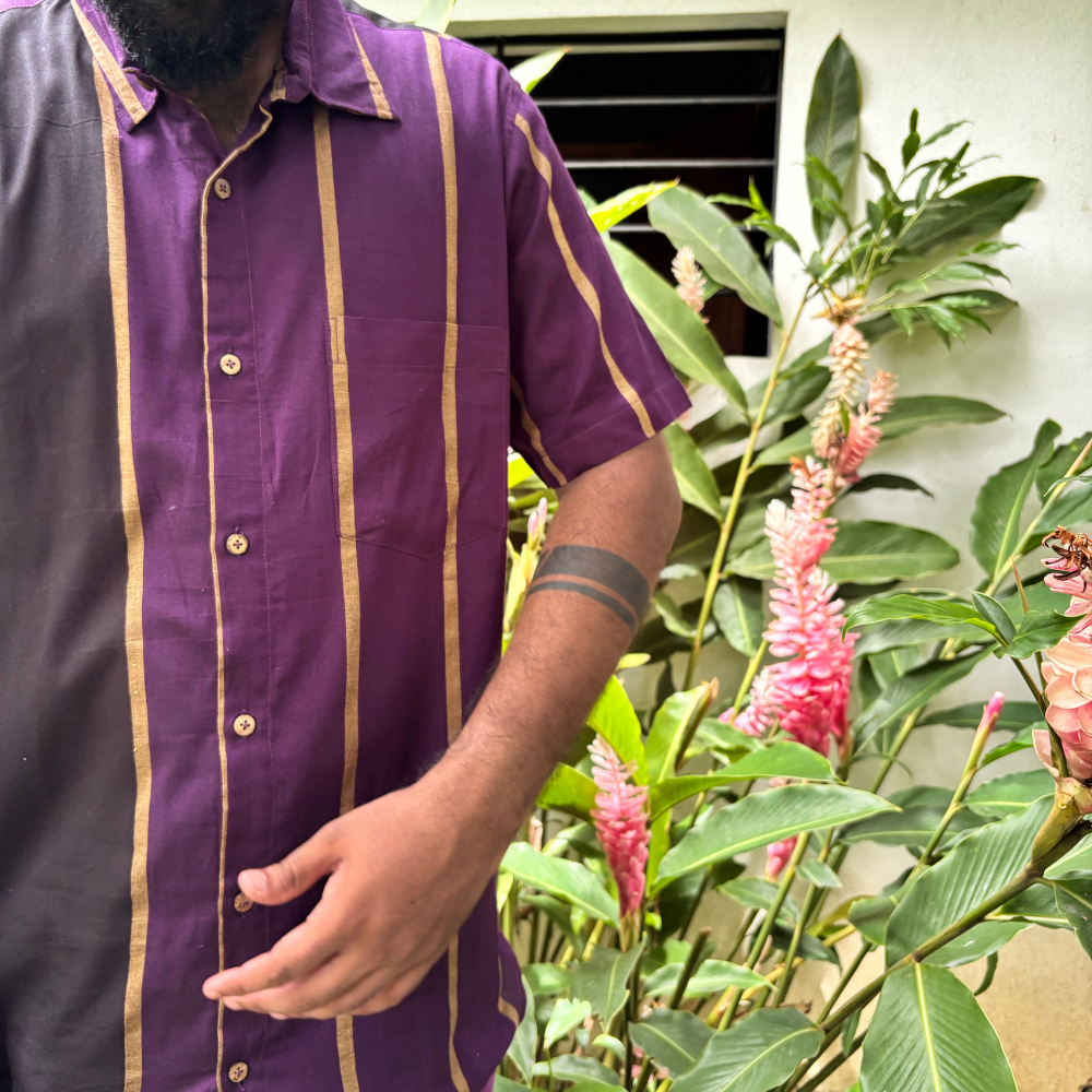 Purple , Black and Mustard Striped Handloom Shirt | XL Size