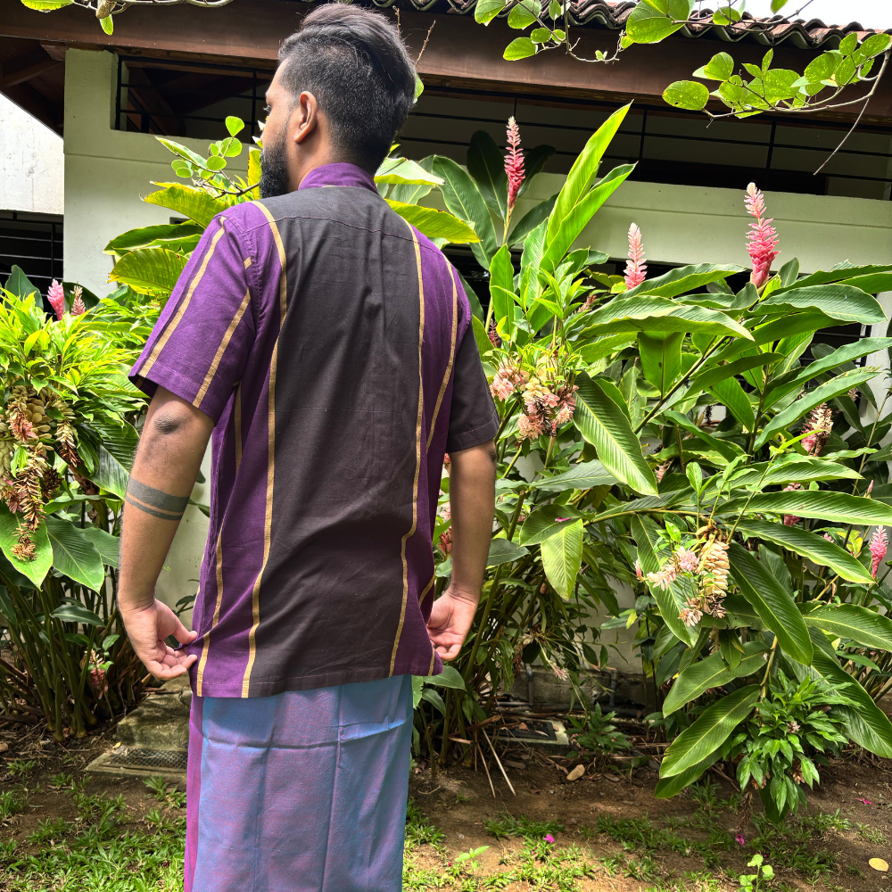 Purple , Black and Mustard Striped Handloom Shirt | XL Size