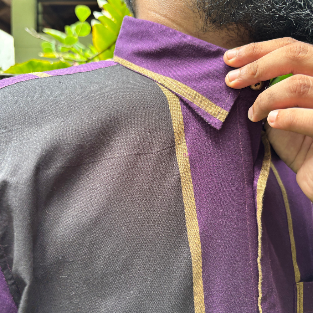 Purple , Black and Mustard Striped Handloom Shirt | XL Size