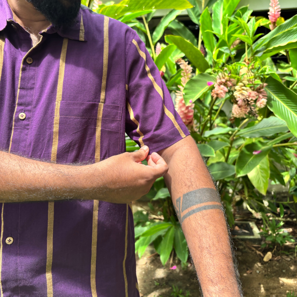 Purple , Black and Mustard Striped Handloom Shirt | XL Size
