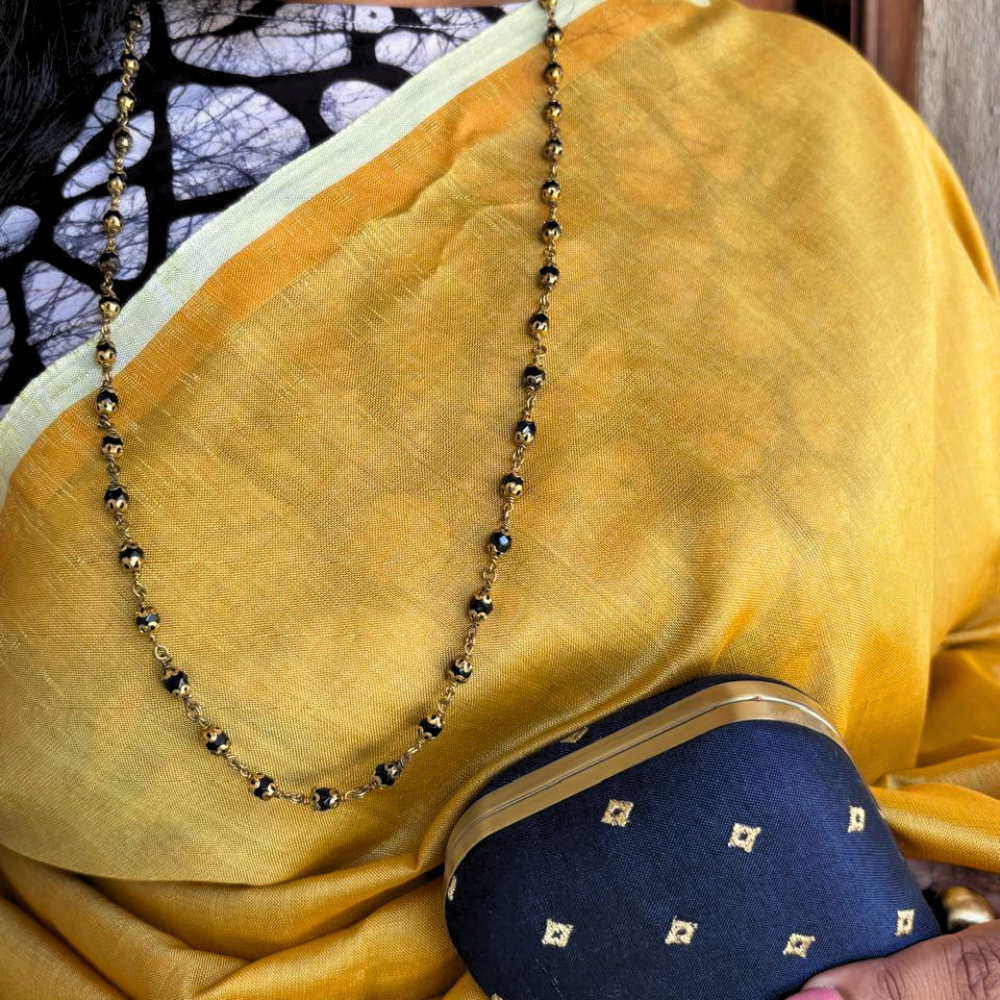 Mustard Gold Handloom Cotton Saree with Olive Green Border and Tassels
