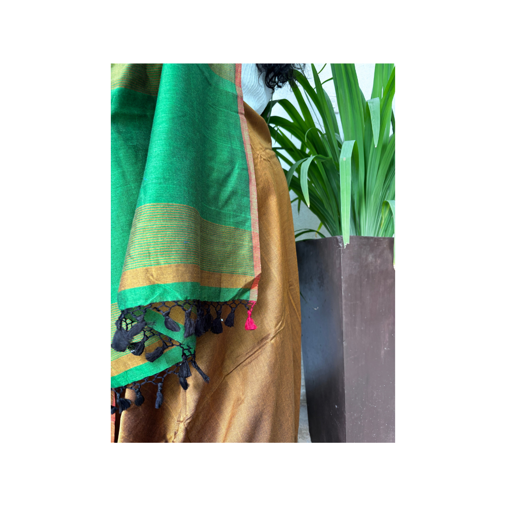 Mustard & Emerald Green Striped Handloom Cotton Saree with Tassels