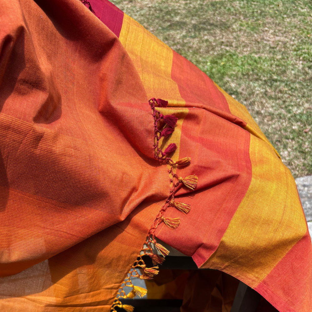 Rust Orange & Mustard Yellow Handwoven Cotton Saree with Tassels