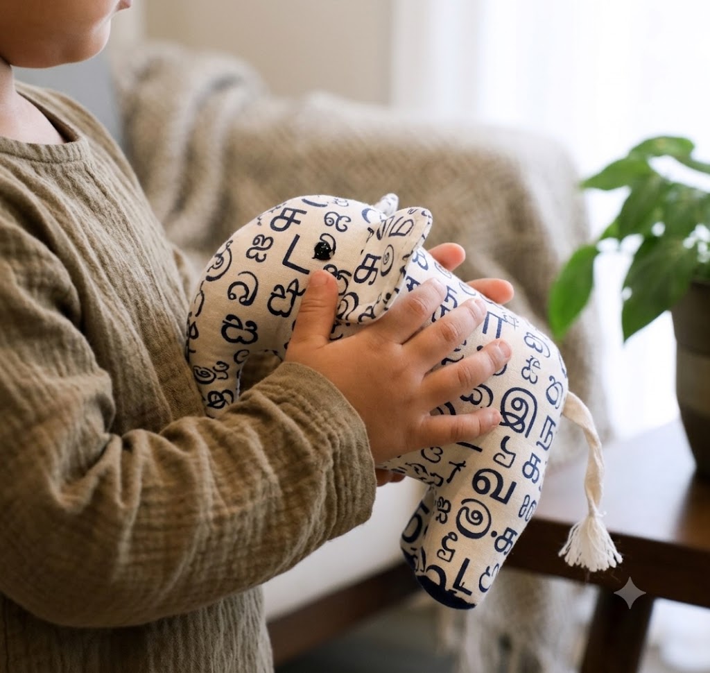 Alphabet Elephant Plush Toy – Sinhala & Tamil Letters | Small Size | Handloom Cotton