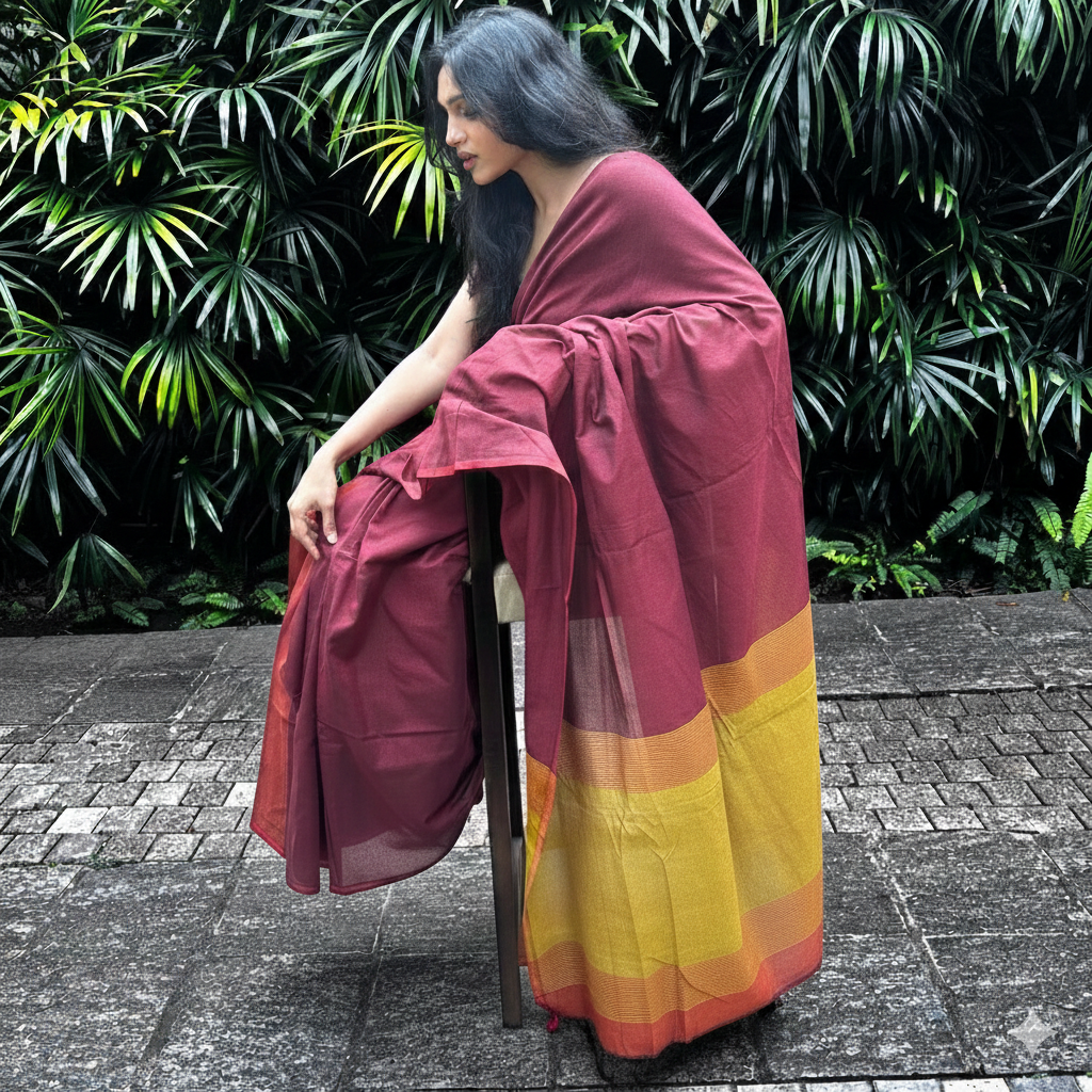 Maroon & Mustard Gold Handloom Cotton Saree with Tassels