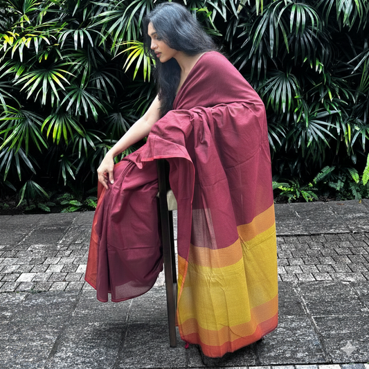 Maroon & Mustard Gold Handloom Cotton Saree with Tassels