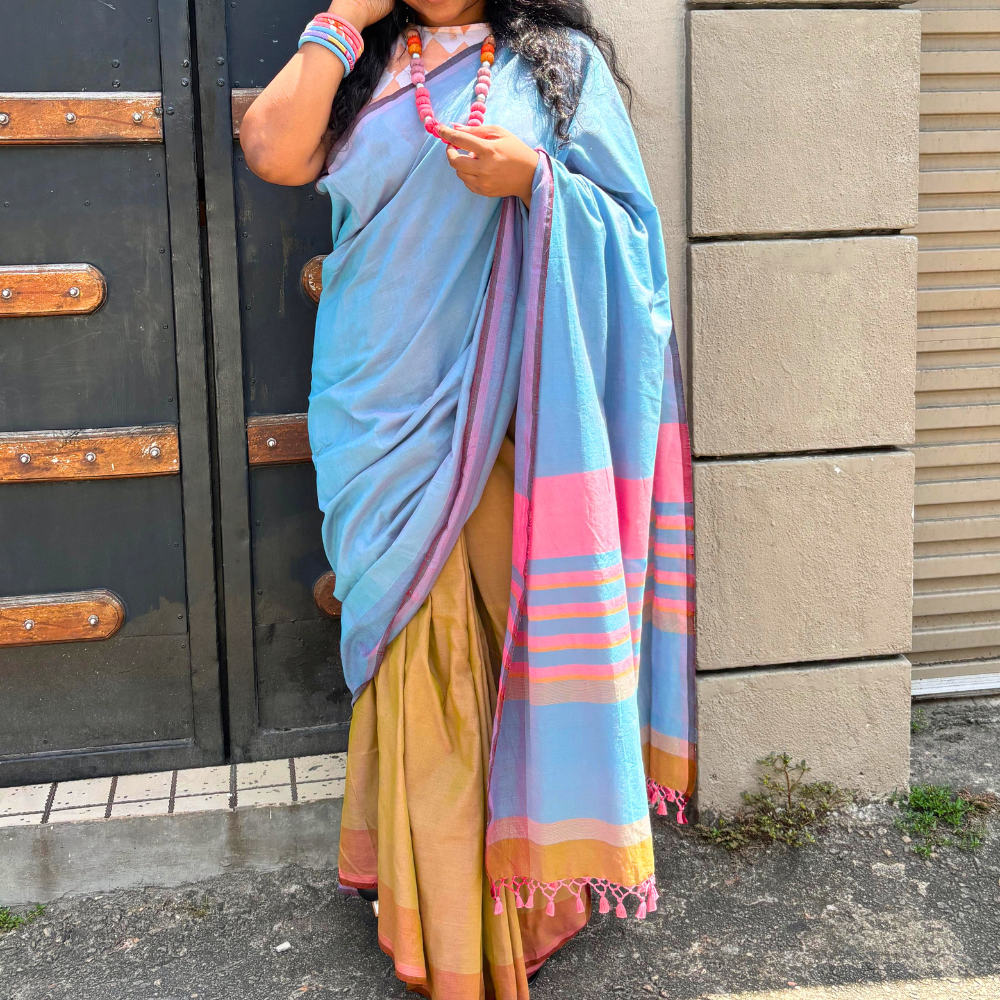 Sky Blue Handloom Cotton Saree with Pink & Lavender Border and Tassels