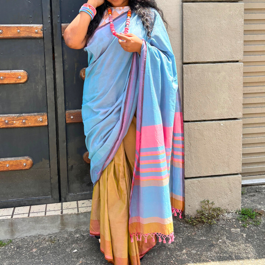 Sky Blue Handloom Cotton Saree with Pink & Lavender Border and Tassels