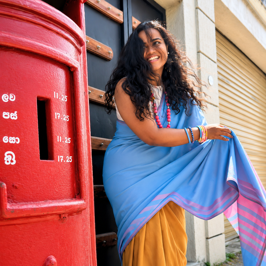 Sky Blue Handloom Cotton Saree with Pink & Lavender Border and Tassels