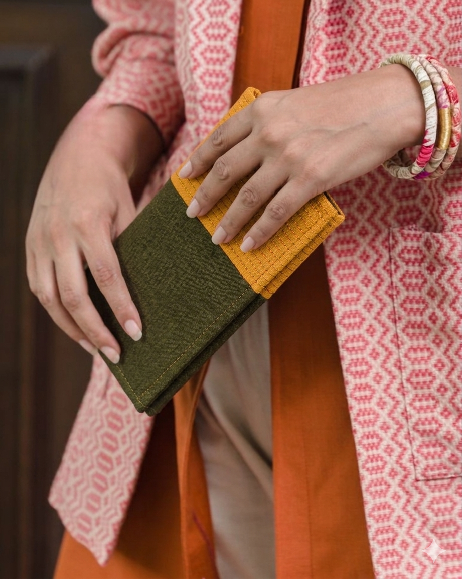 Handloom Fabric Wallet - Green & Yellow  | Large Size
