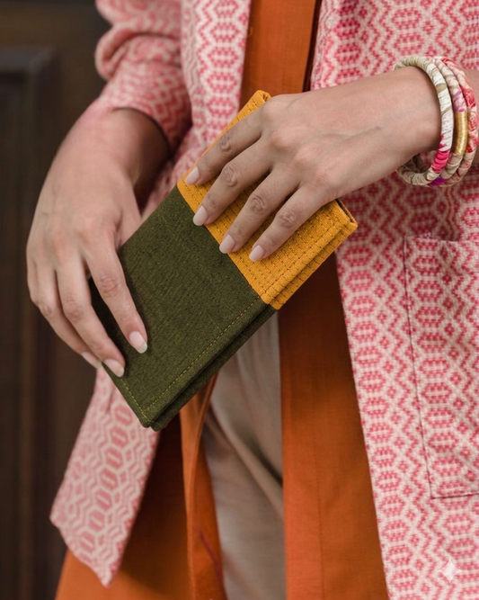 Handloom Fabric Wallet - Green & Yellow  | Large Size