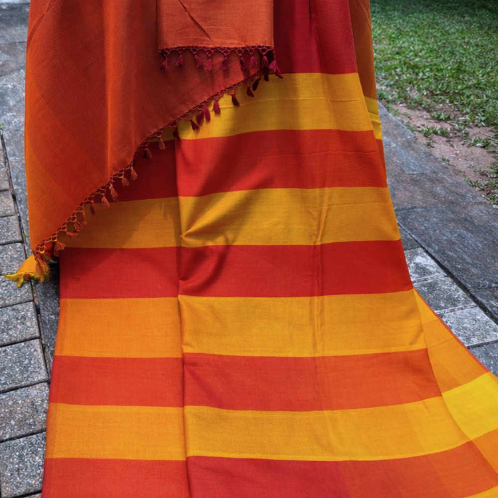 Rust Orange & Mustard Yellow Handwoven Cotton Saree with Tassels