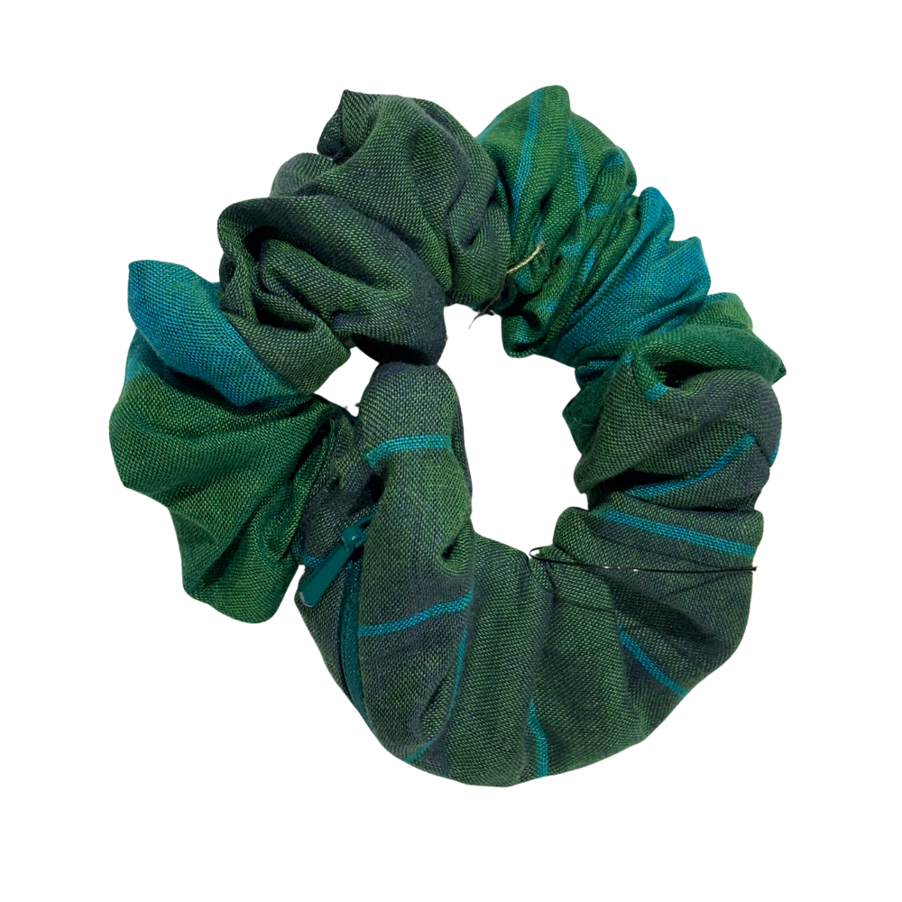 Green Striped Handloom Scrunchie with Small Pocket