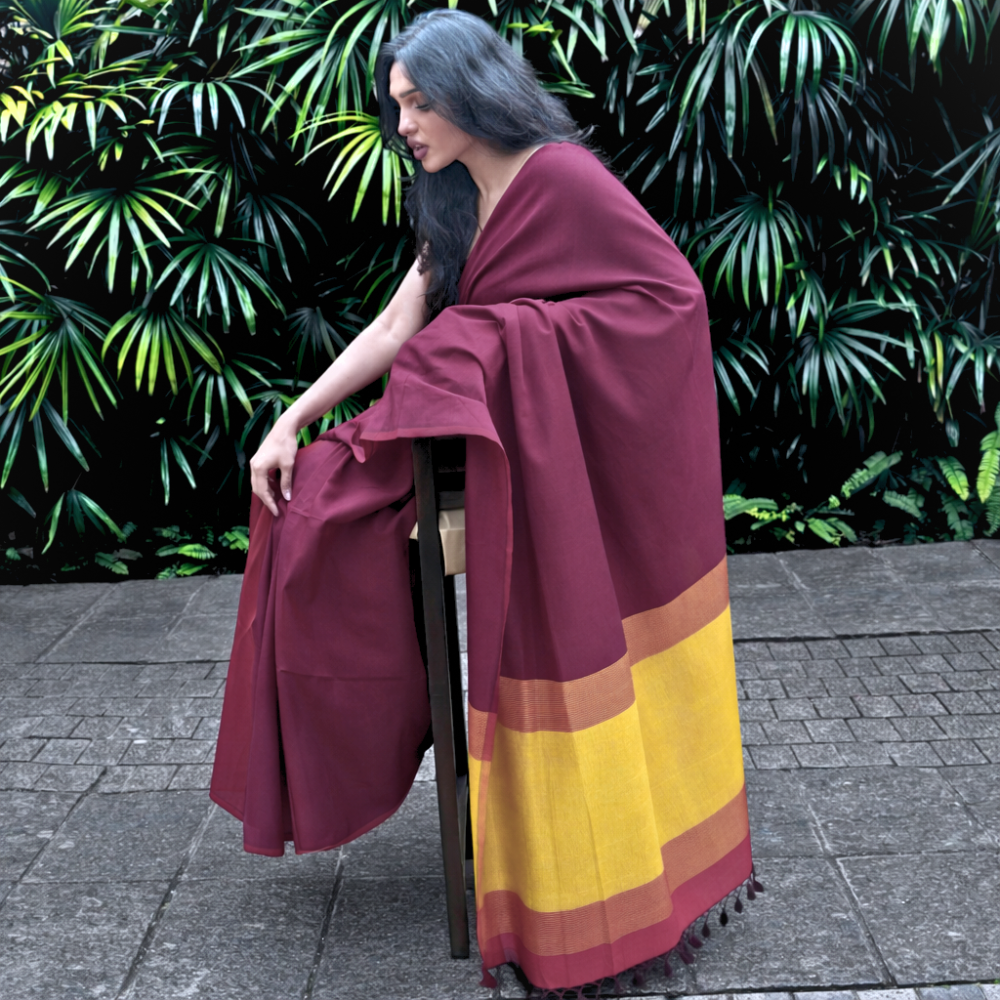 Maroon & Mustard Gold Handloom Cotton Saree with Tassels