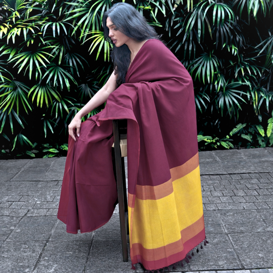 Maroon & Mustard Gold Handloom Cotton Saree with Tassels