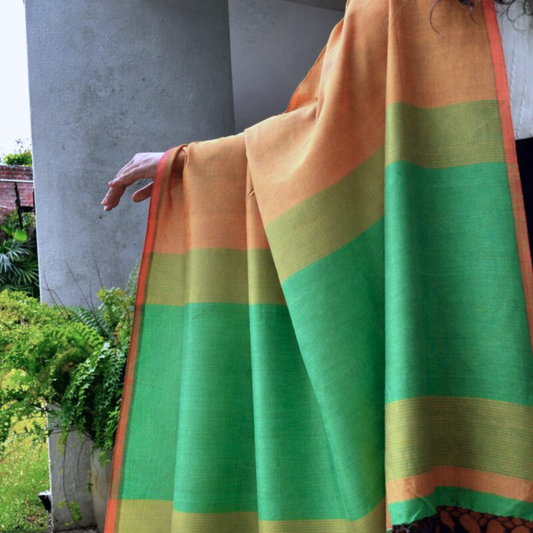 Mustard & Emerald Green Striped Handloom Cotton Saree with Tassels