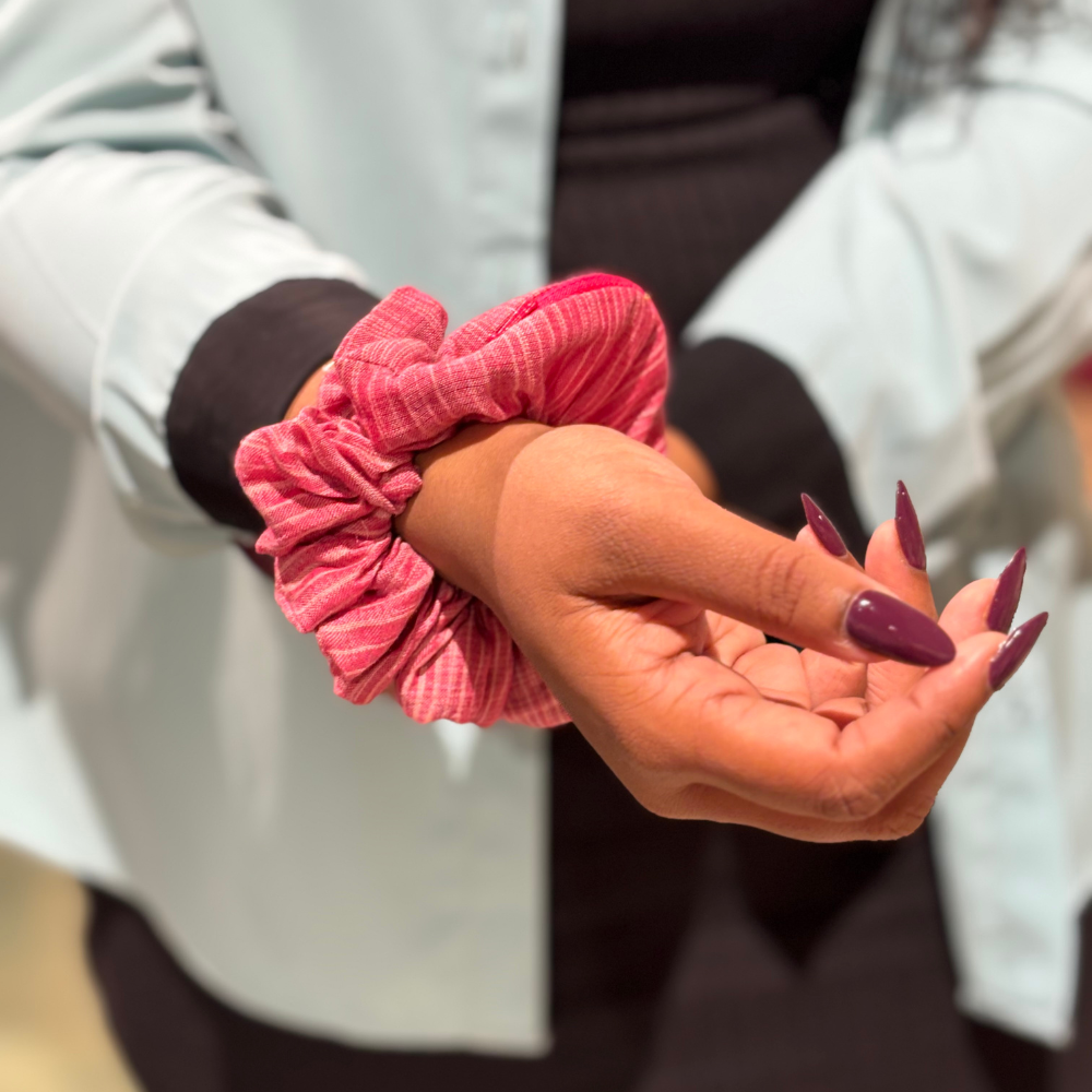 Pink Striped Handloom Scrunchie with Small Pocket