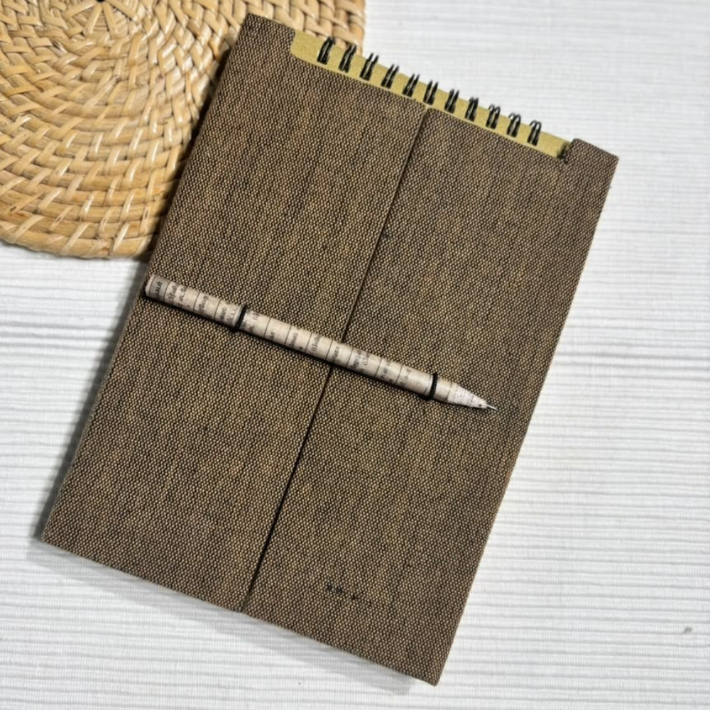 Brown And Yellow mixed Handloom Notebook With Pencil