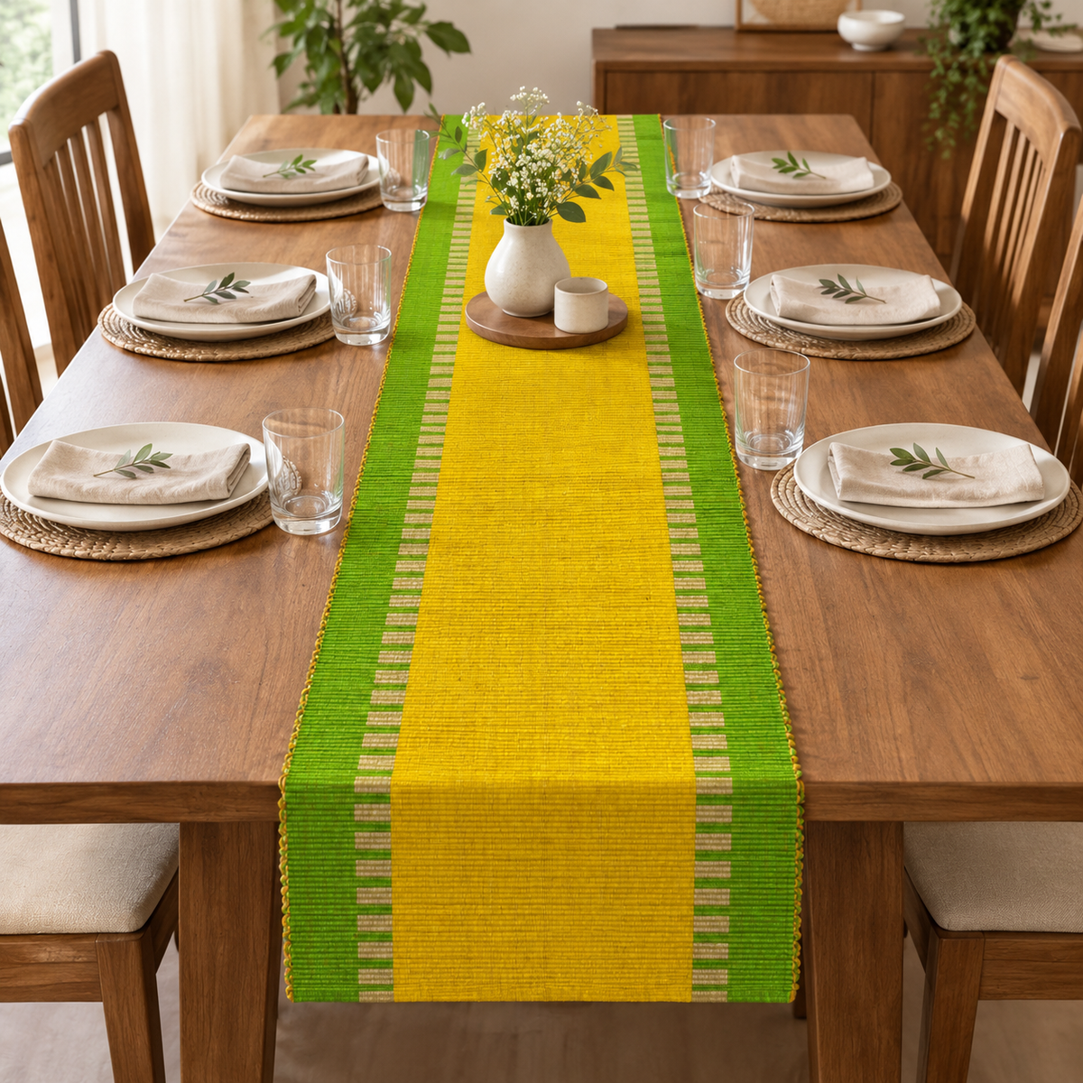 Green And Yellow Pattern Handloom Table Runner | 8 Seater