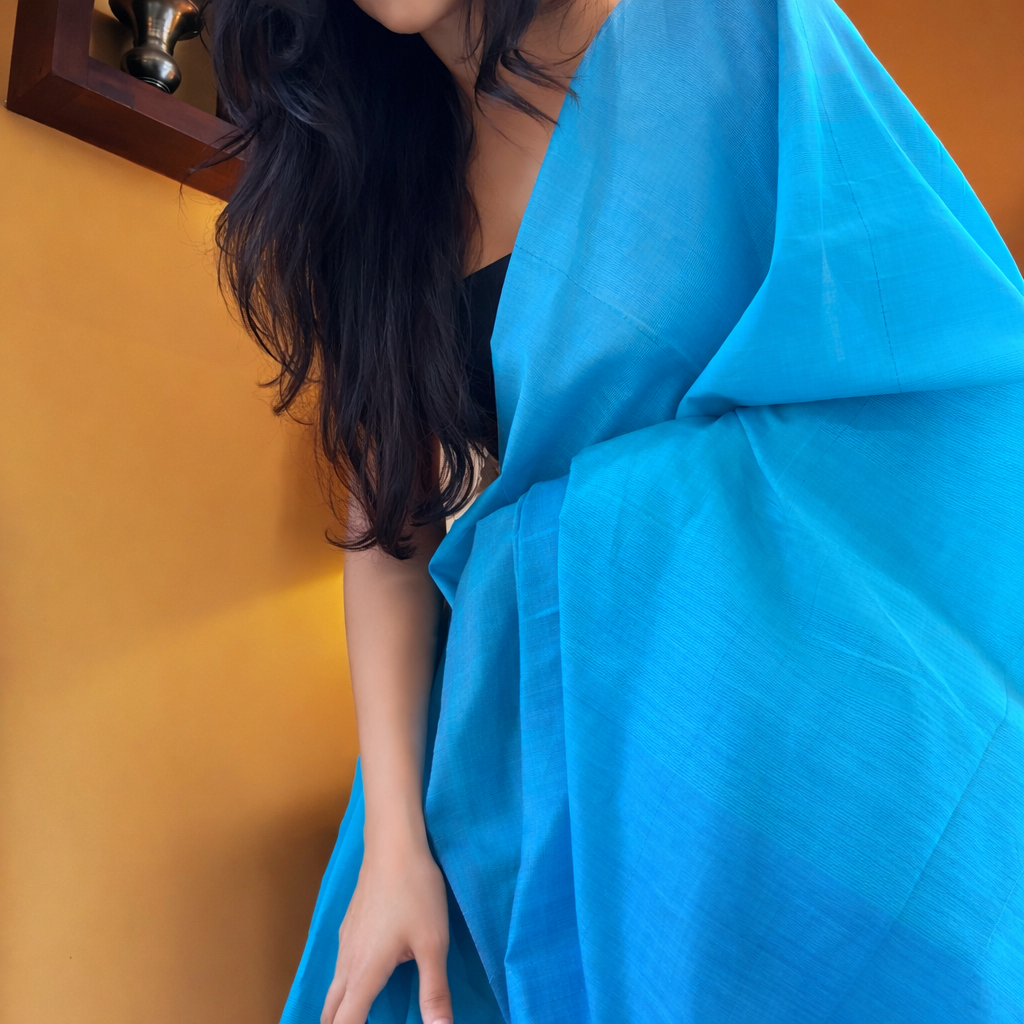 Light Blue , Dark Blue & Purple Handloom Cotton Saree with Tassels