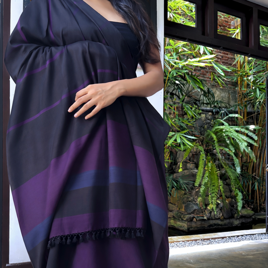Purple & Black Handloom Cotton Saree with Tassels