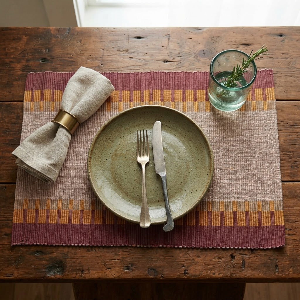 Brown, Yellow & Off White Design Handloom Table Mat