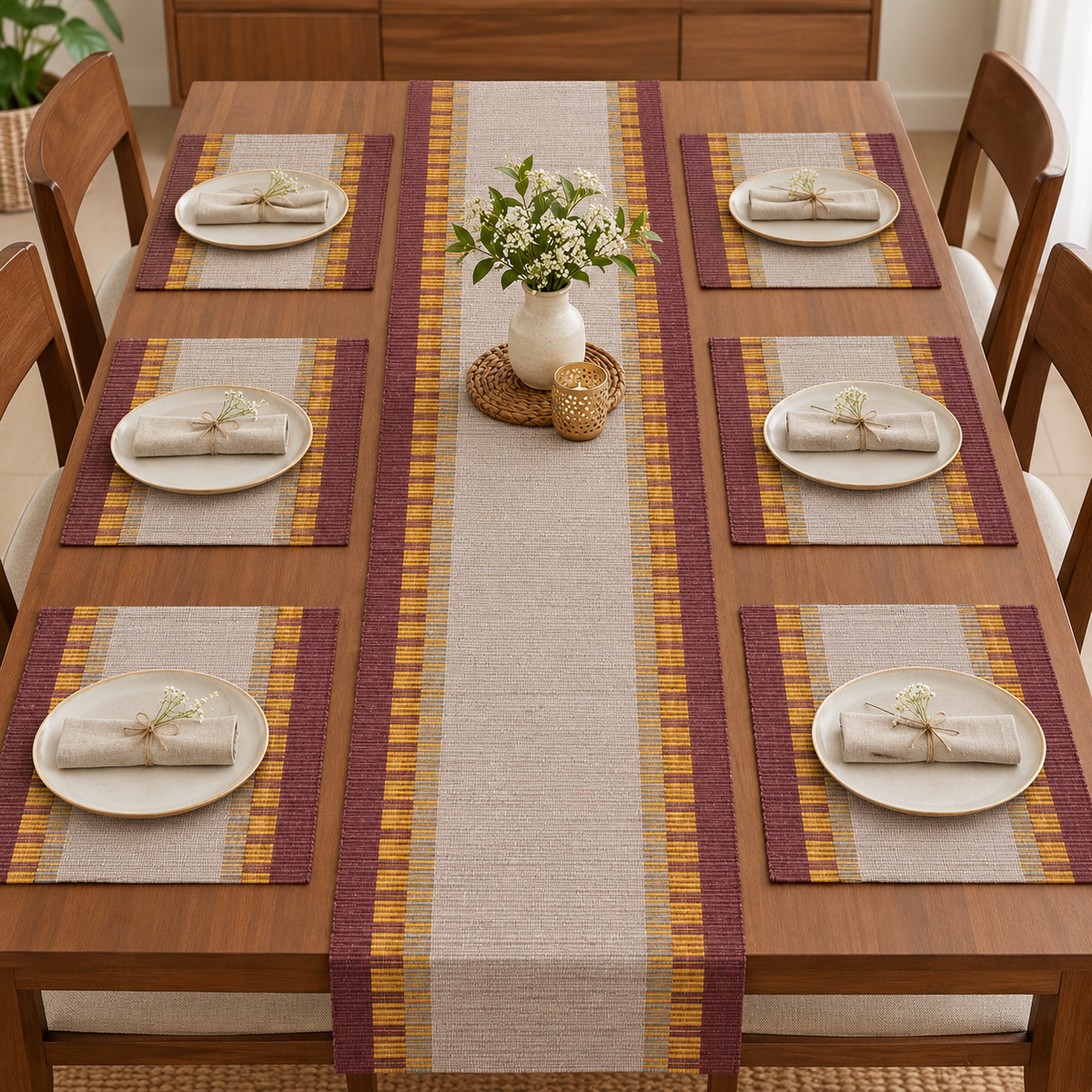 Brown, Yellow & Off white Design Patterned Handloom Table Runner | 6 Seater