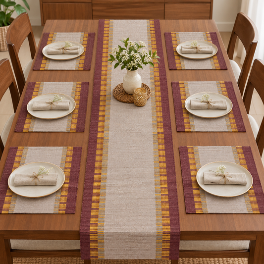 Brown, Yellow & Off white Design Patterned Handloom Table Runner | 6 Seater