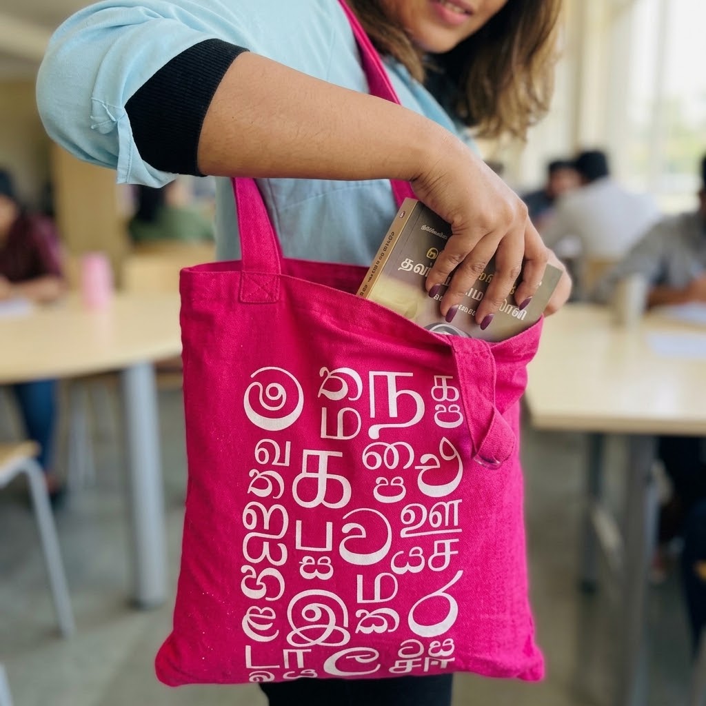 Pink Color Akuru Tote Bag | Sinhala & Tamil Script Design