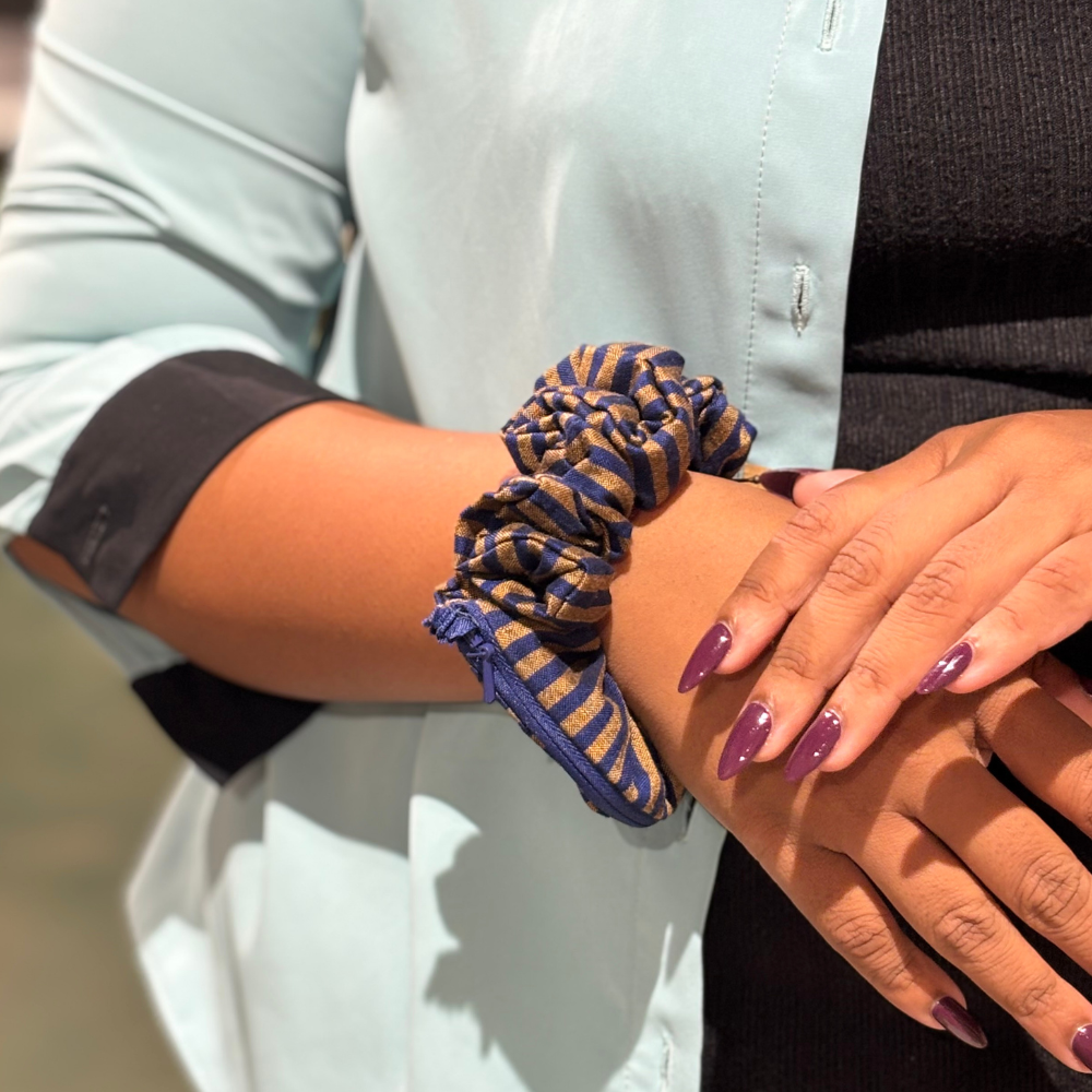 Blue And Gold Striped Handloom Scrunchie with Small Pocket