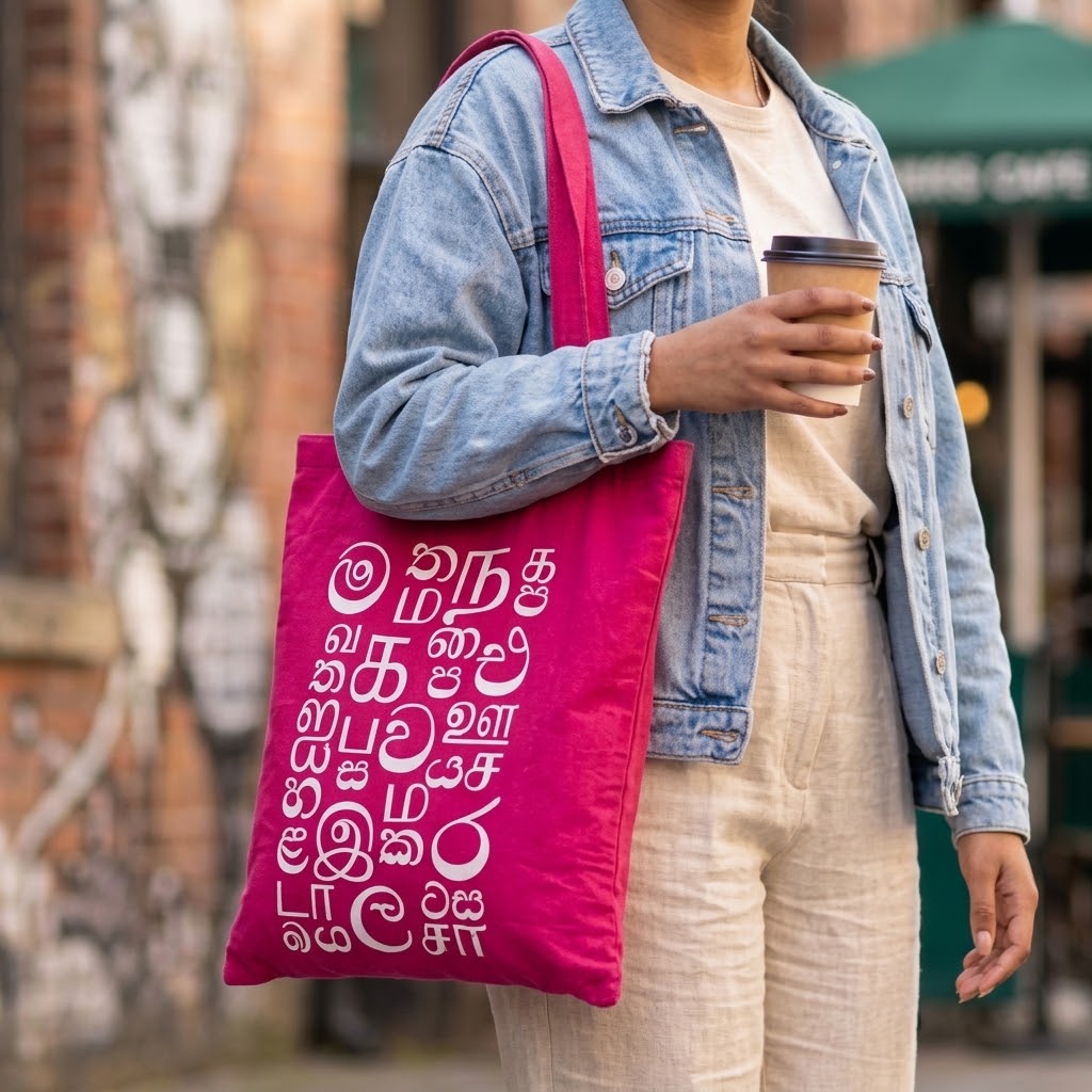 Pink Color Akuru Tote Bag | Sinhala & Tamil Script Design
